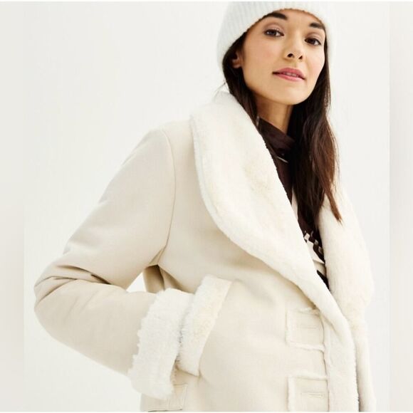 Nine West Faux Sued Aviator Jacket Ivory Super Cozy Front Buttons NWT Size XL - Picture 1 of 13